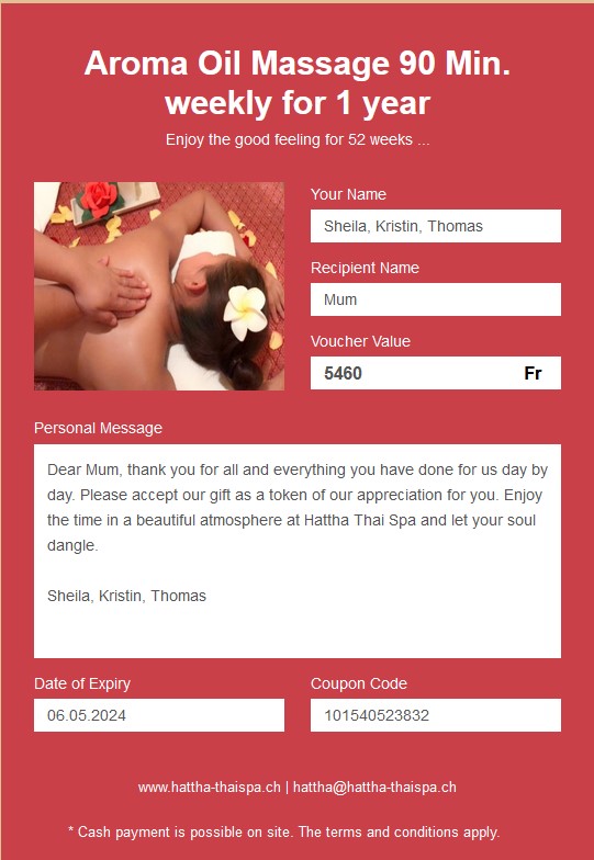 Subscription Aroma Oil Massage 90 Min weekly for 1 year